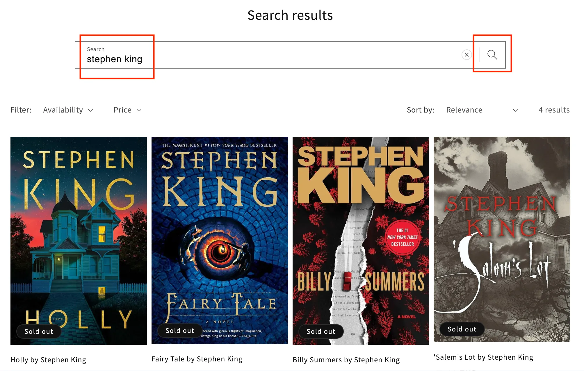 Shopify bookstore search results: author in title